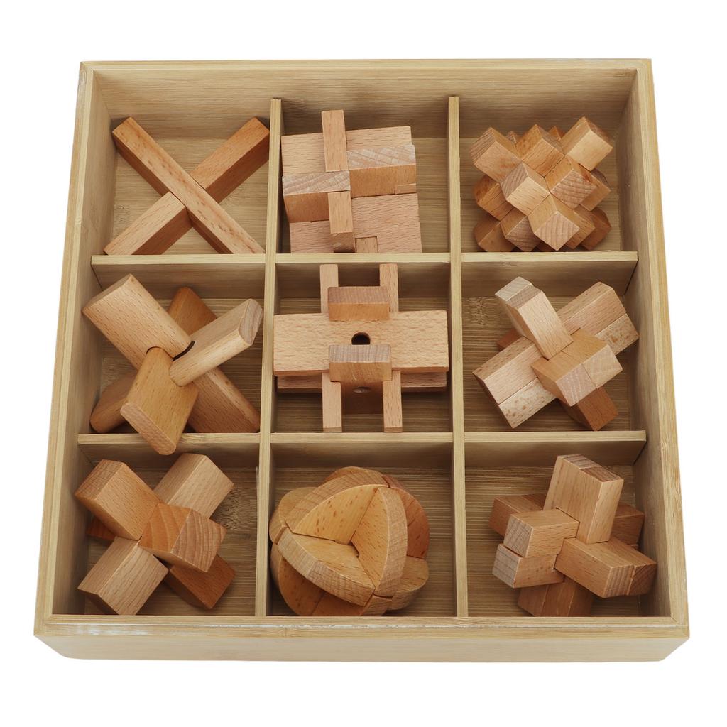 9 Pcs Brain Teaser Puzzle 3D Unlock Interlock Wooden Brain Test Game Educational Intellectual Lock