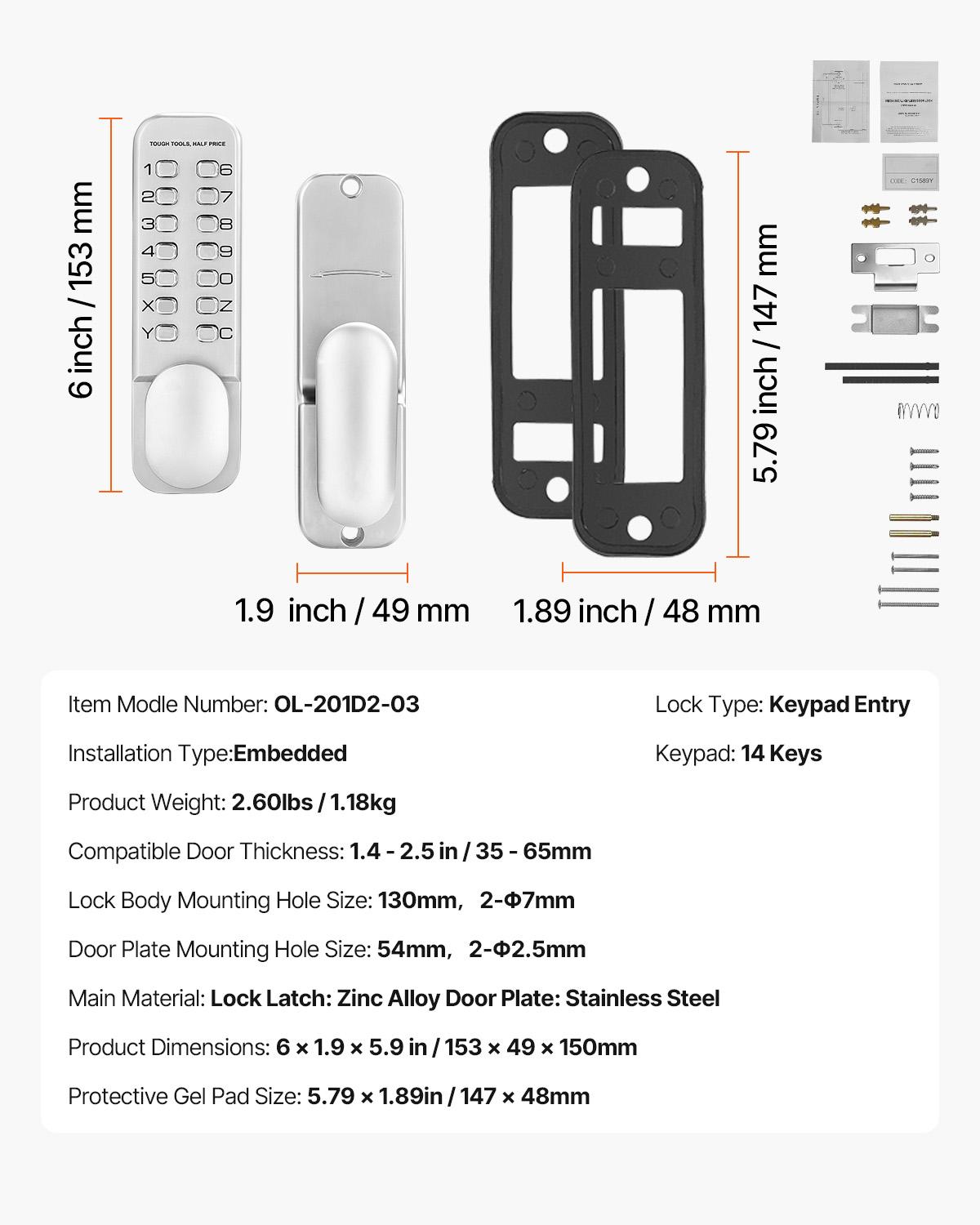 SucceBuy Mechanical Keyless Entry Door Lock 14 Key Mechanical Door Lock Mechanical Keypad Door Knob Single-Side Keyless Lock серебряный
