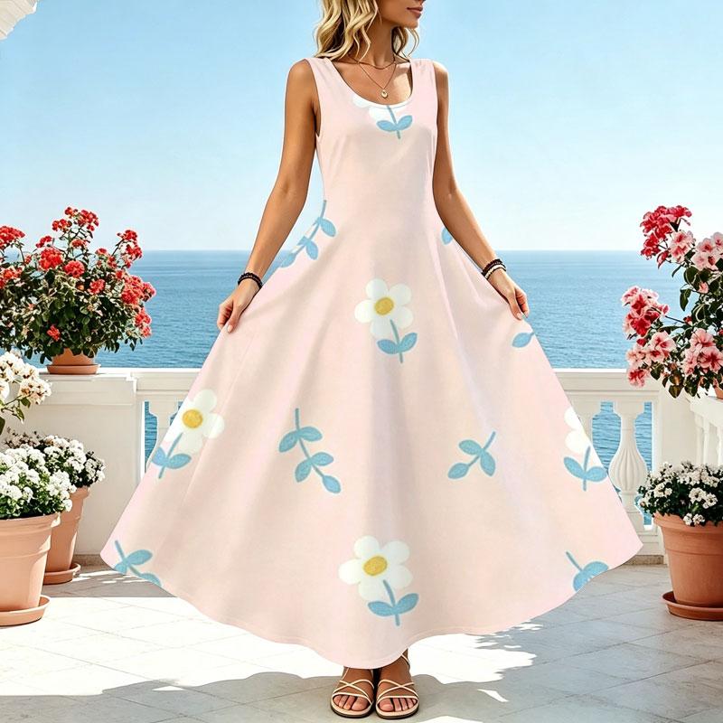 Women's U-Neck Sleeveless Floral Beach Dress,Lightweight Loose Fit Long Summer Vacation Casual Wear,Stylish & Versatile