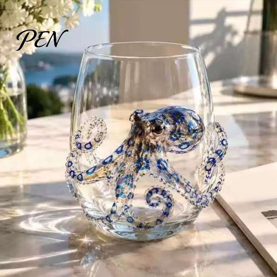 Decorative Coastal Style Water Cup Octopus Glass Tumbler, Ocean Whales Seahorses Crabs Jellyfish Cocktail for Home Nautical Theme Bar Accessories Bar,