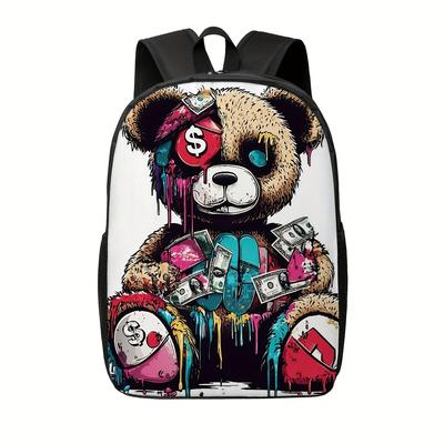 1pc Fashionable and Functional Money Bear Graffiti Pattern Print Backpack for Adults, Spacious Large Capacity Double Shoulder Ba