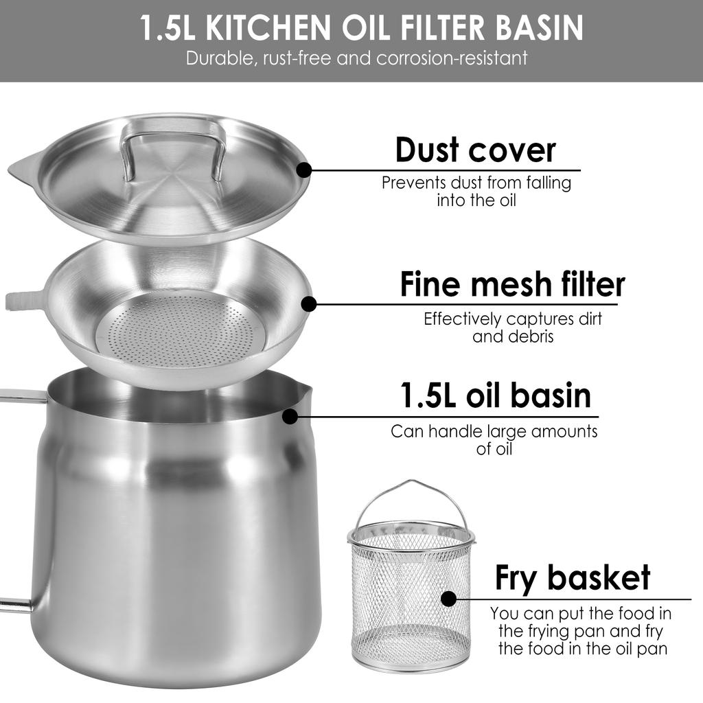 Ölfiltertopf 1,5L/2L Fritteusentopf mit Korb Edelstahl Fritteuse Nudelsiebkorb Hähnchen Frittiertes Essen Sieb