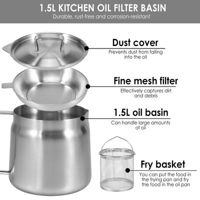 Pote para Filtro de Óleo 1.5L/2L Panela de Fritura Profunda com Cesta Aço Inoxidável Cesta Coadeira para Massa Cesta Coadeira para Alimentos Fritos