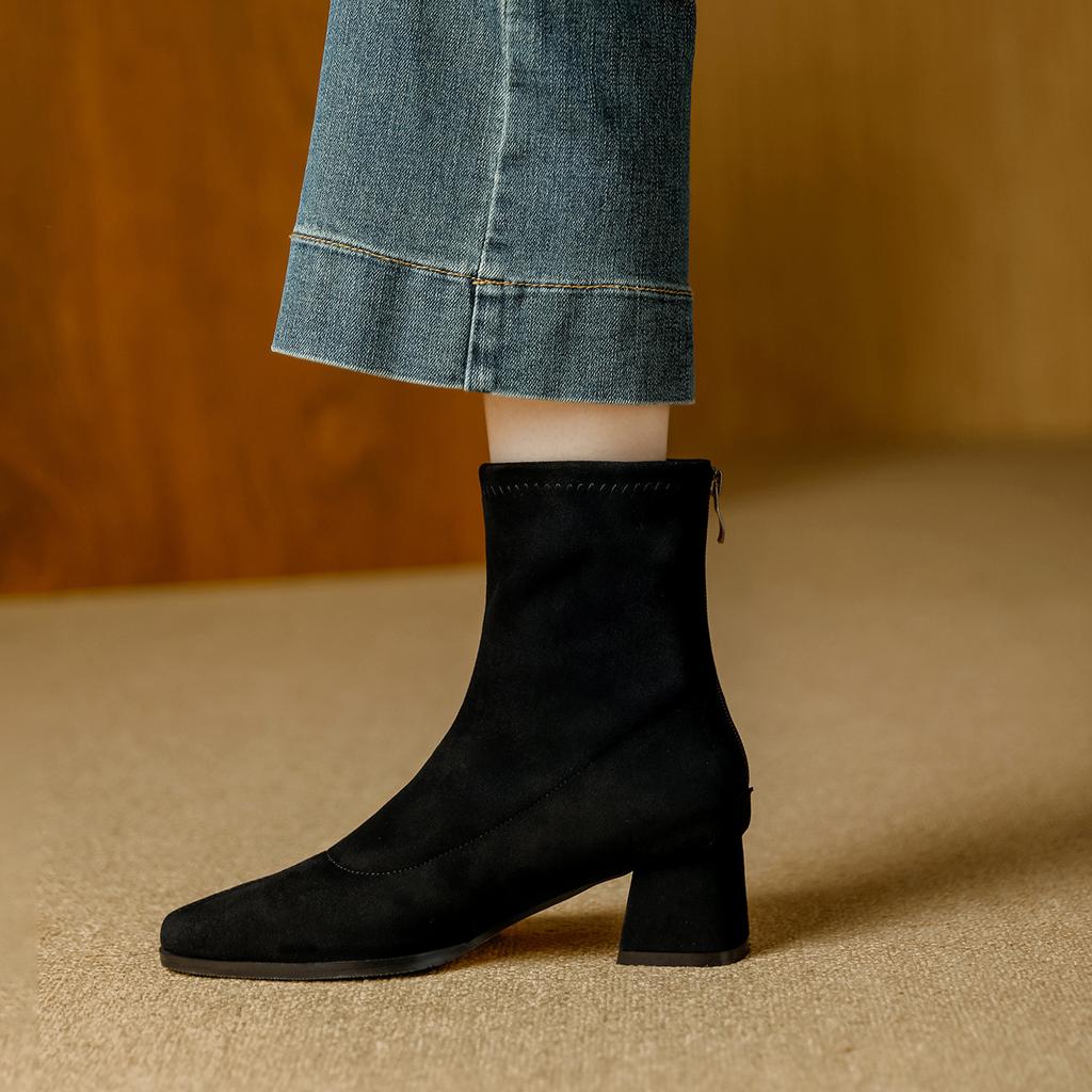 High Quality Faux Suede Ankle Boots Women Fashion Square Toe Sewing Back Zipper Designer Boots Comfortable Wedges Fashion Boots