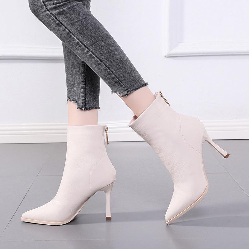 Women's Sexy Pointed Toe High Heels Ankle Boots Autumn Winter Warm Plush Booties Shiny Sequin Short Bota Mujer