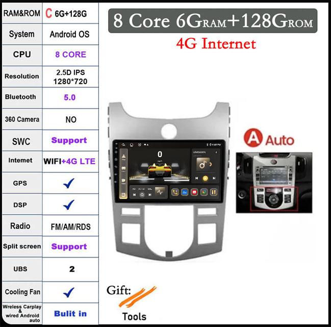 4G+WIFI Android 14 For KIA Forte Cerato 2 TD 2008 2009-2013 Car Radio Multimedia Player GPS Navigaion DSP Stereo Auto