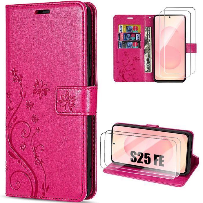Coque de Protection - BOOLING - pour Samsung Galaxy S25 FE - Effet Cuir Motif Papillon Fuchsia - 2 Verres Trempés