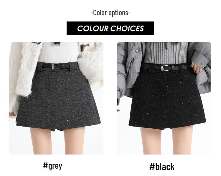 Women's High-Waist Sequin Wool-Blend A-Line Skort: Autumn/Winter 2025 Slimming Side-Slit Hip-Hugging Fashion