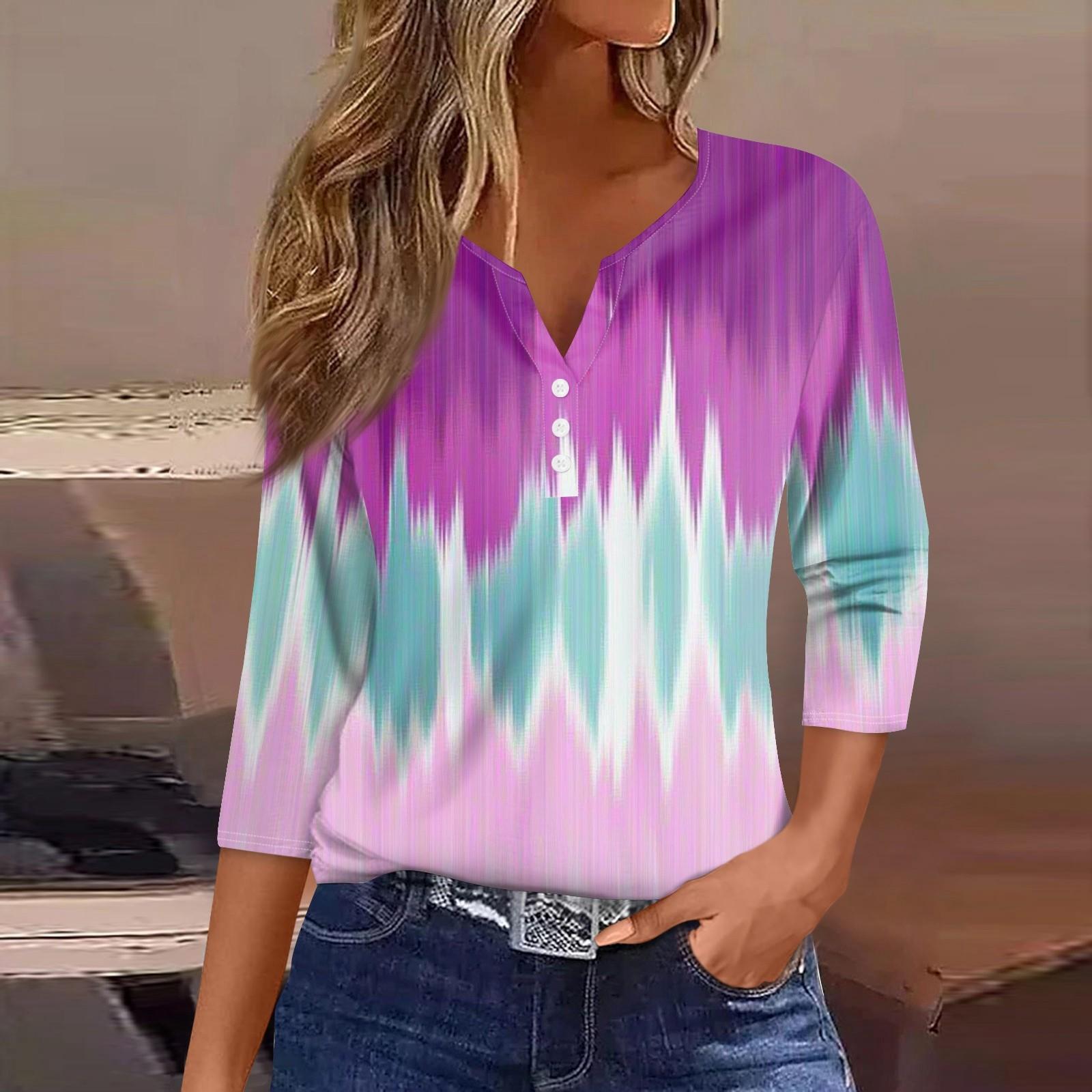 

Женская футболка с принтом на пуговицах, рукав 3/4, туника, повседневная мода на выходные, базовый топ с V-образным вырезом XL фиолетовый