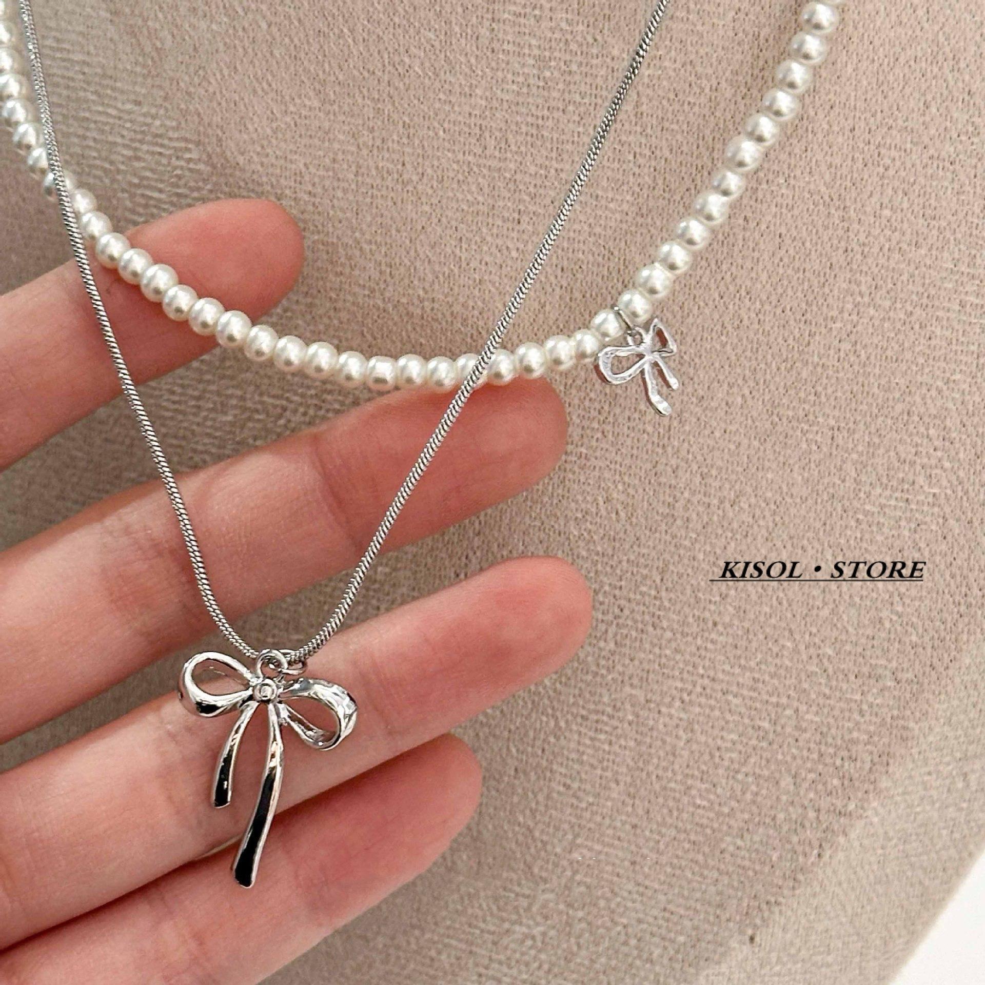 Двойная жемчужная цепочка-колье с бантом женственность легкая роскошь цепочка на ключицы шейная цепочка аксессуары