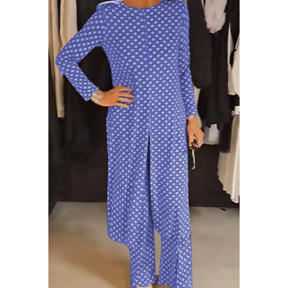 New Trendy Round-neck Long-sleeved Split Polka Dot Long Pants Casual Suit for Women