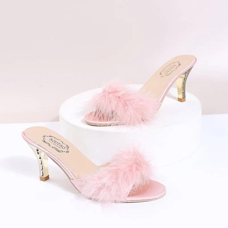 2025 New Summer Style Fashionable Comfortable Elegant Casual and Versatile Furry Sandals and Slippers Sexy High-heeled Slippers
