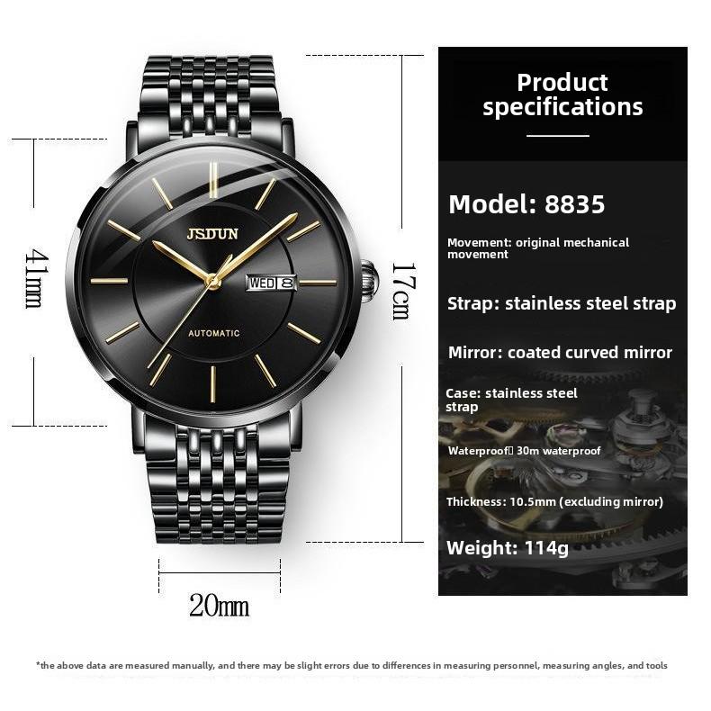 JINSHIDUN Brand Thin Automatic Mechanical Watch Double Calendar Waterproof Men's Watch