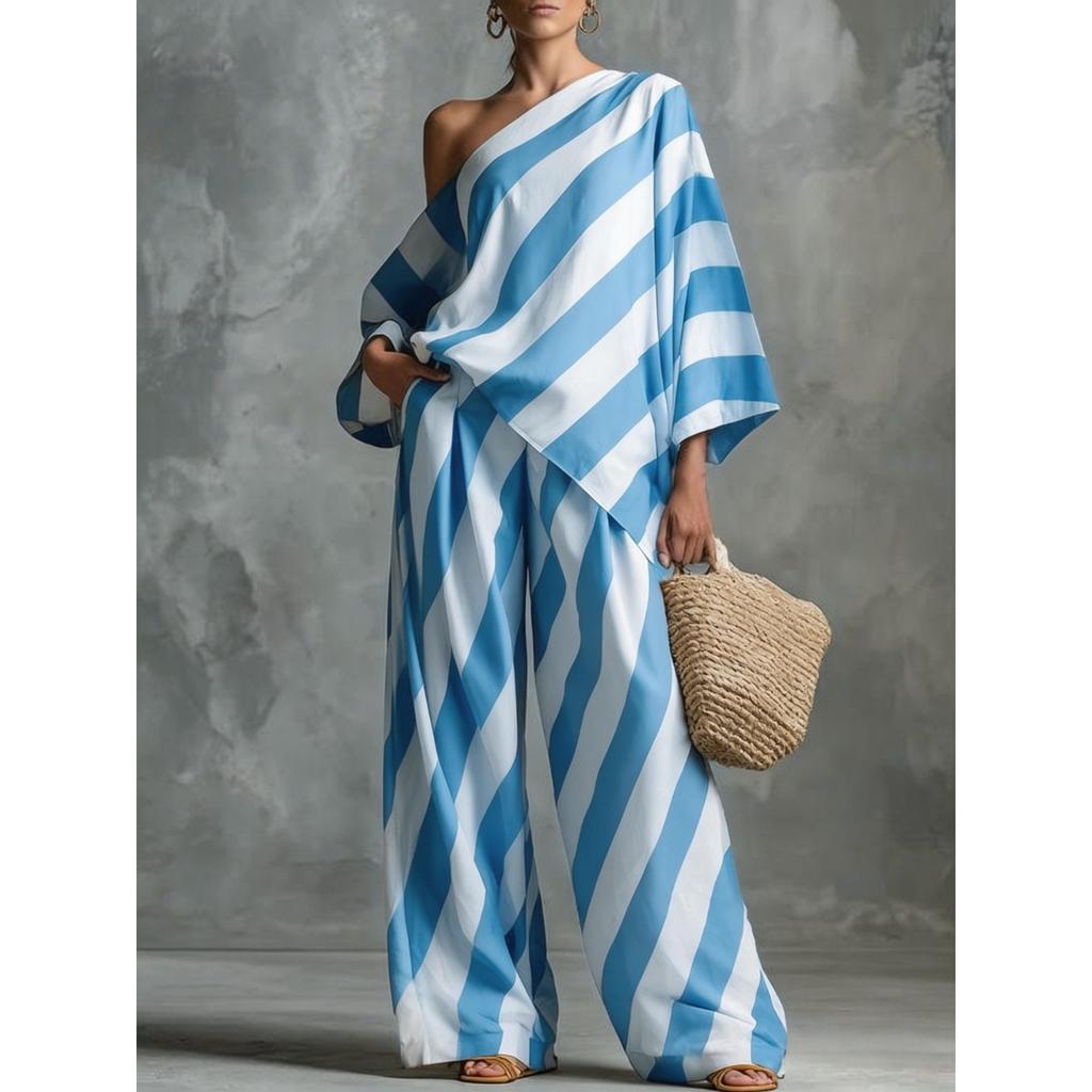 Women's One Shoulder Three Quarter Sleeve Loose Striped Print Top Wide Leg Pants Two Piece Casual Outfit