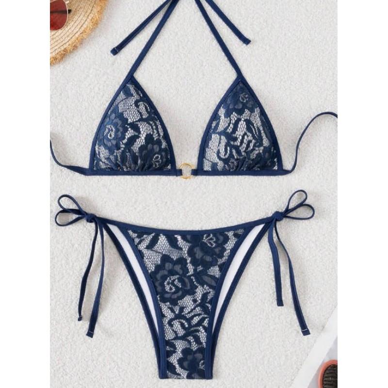 Womens Sexy Backless Lace Tie Side Triangle Bikini Set Swimming