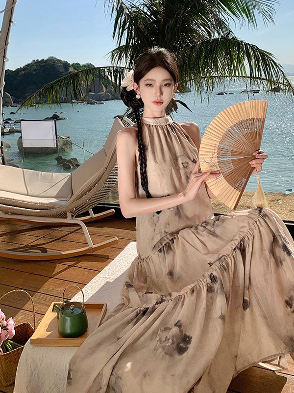 Apricot Women's Sleeveless Loose Summer Dress - New Chinese National Style