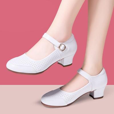 4cm Breathable Comfortable Shallow Mouth Soft Leather Mary Janes Platform Shoes 2025 Spring Med Block Heels Dance Work Shoes Mom
