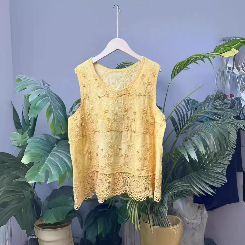 Embroidery, Embroidery, Cotton Embroidered Vest Top Women's Crew Neck Pullover Hollow Knitted Lace Sleeveless Bottom Solid Color T-Shirt