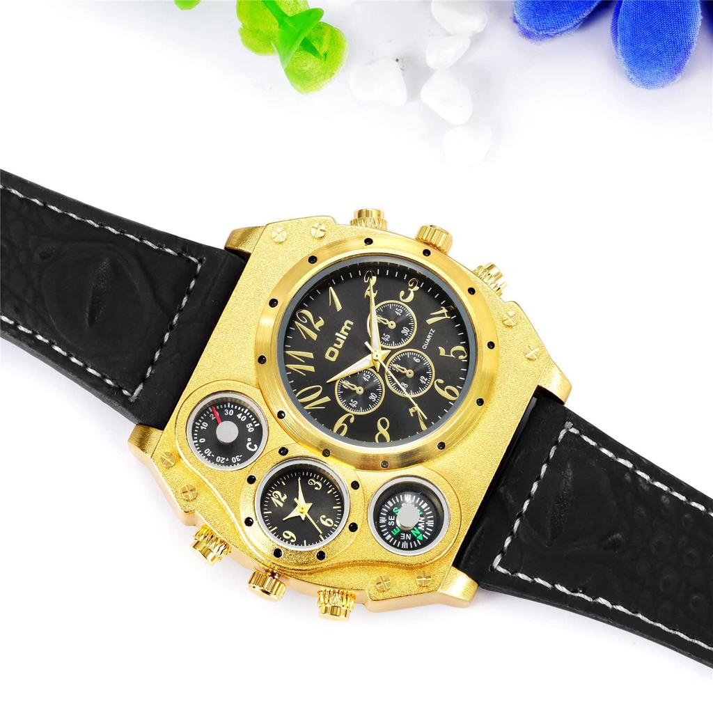 Dual Time Leather Band Sports Business Gold and Perfect Gift for Him or Fashion Accessory Men's Watch, Waterproof, Simple, Casual, Style, Black, Her,