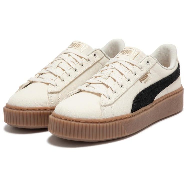 Puma Basket Platform Canvas Casual Increased Height Low Top Skate Shoes Women Sneaker Beige Black 399251-01
