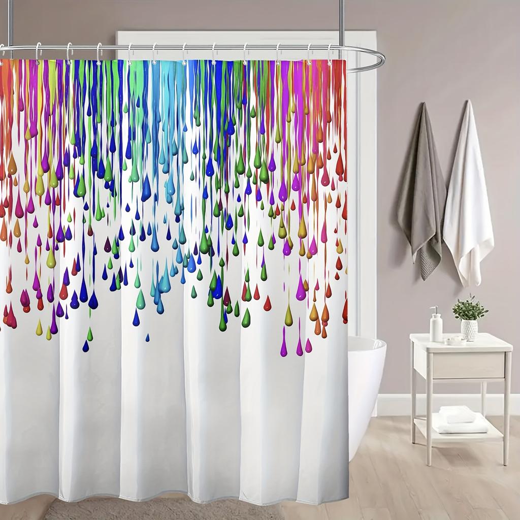 1pc Water-Resistant Polyester Shower Curtain - Colorful Drip Paint Pattern, Plastic Hooks, Machine Washable, Artistic Theme
