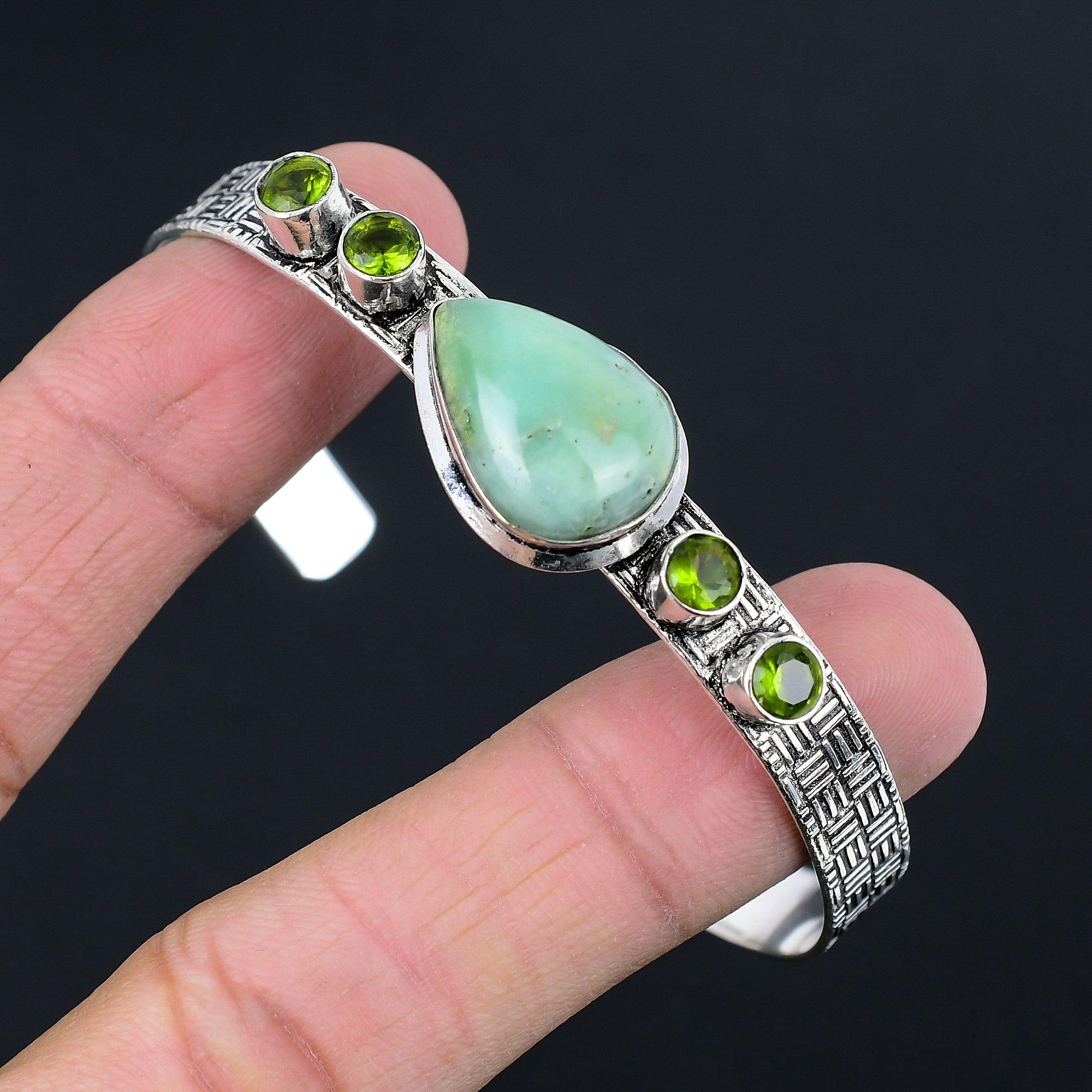 

Natural Chrysoprase Gemstone 925 Sterling Silver Bangle Adjustable For Women Adjustable