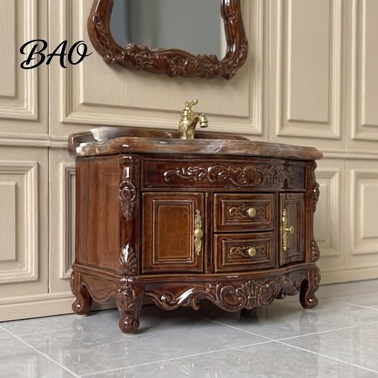 Miniature Bathroom Furniture Doll Mansion Sink Cabinet with Vanity Mirror, 1/12 Scale Mirror Miniature, Tiny Victorian for House Decoration