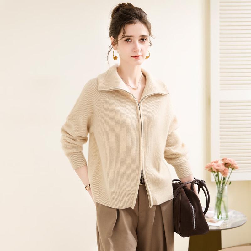 TUHUANG Women's Thick Pure Cashmere Stand Collar Cardigan