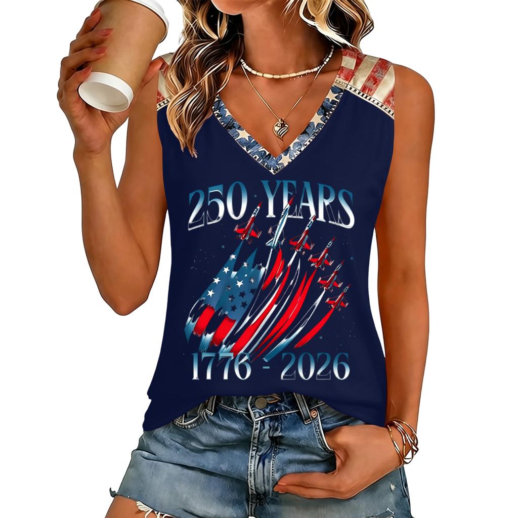 Womens V Neck Casual Short Sleeve Top with 250 Years 1776 2026 Letter Print Loose Fit Lightweight T Shirt for Summer Daily Wear