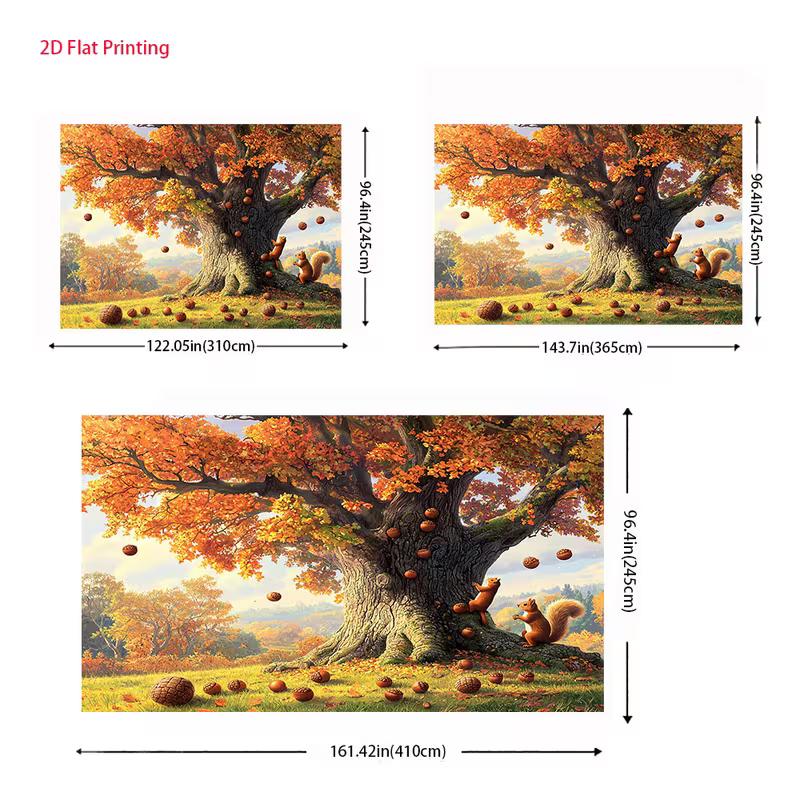 2D Fall Forest Backdrop, Autumn Oak Tree with Squirrels Background for Harvest Festival Decor