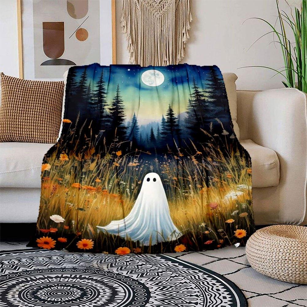 

Spooky Night Ghost Wall Art Print - Halloween Decor Blanket Flannel Throw Blanket for Sofa, Bed, Travel, Camping, Office, Couch, Chair, And 150x180cm