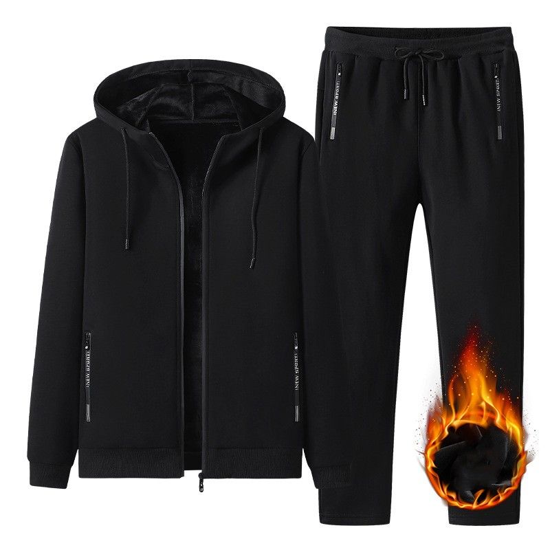 Men's Winter Plush Leisure Sports Set Solid Color Warm Coat+Pants Simple Plus Size Two Piece Set