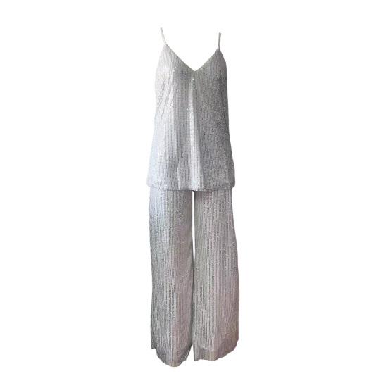 Women Sequin Two Piece Outfit Sleeveless Cami Scoop Neck Top Wide-leg Pants