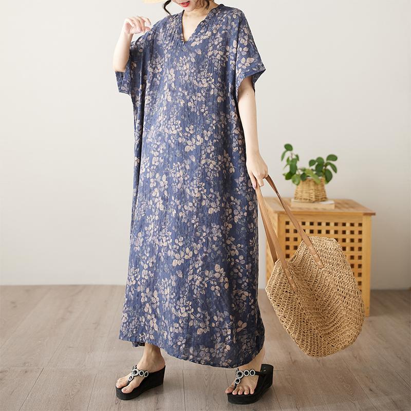 DIMANAF 2025 Summer Plus Size Long Dress Basic Women Casual Loose Vintage Oversized V-Neck New Printing Dress