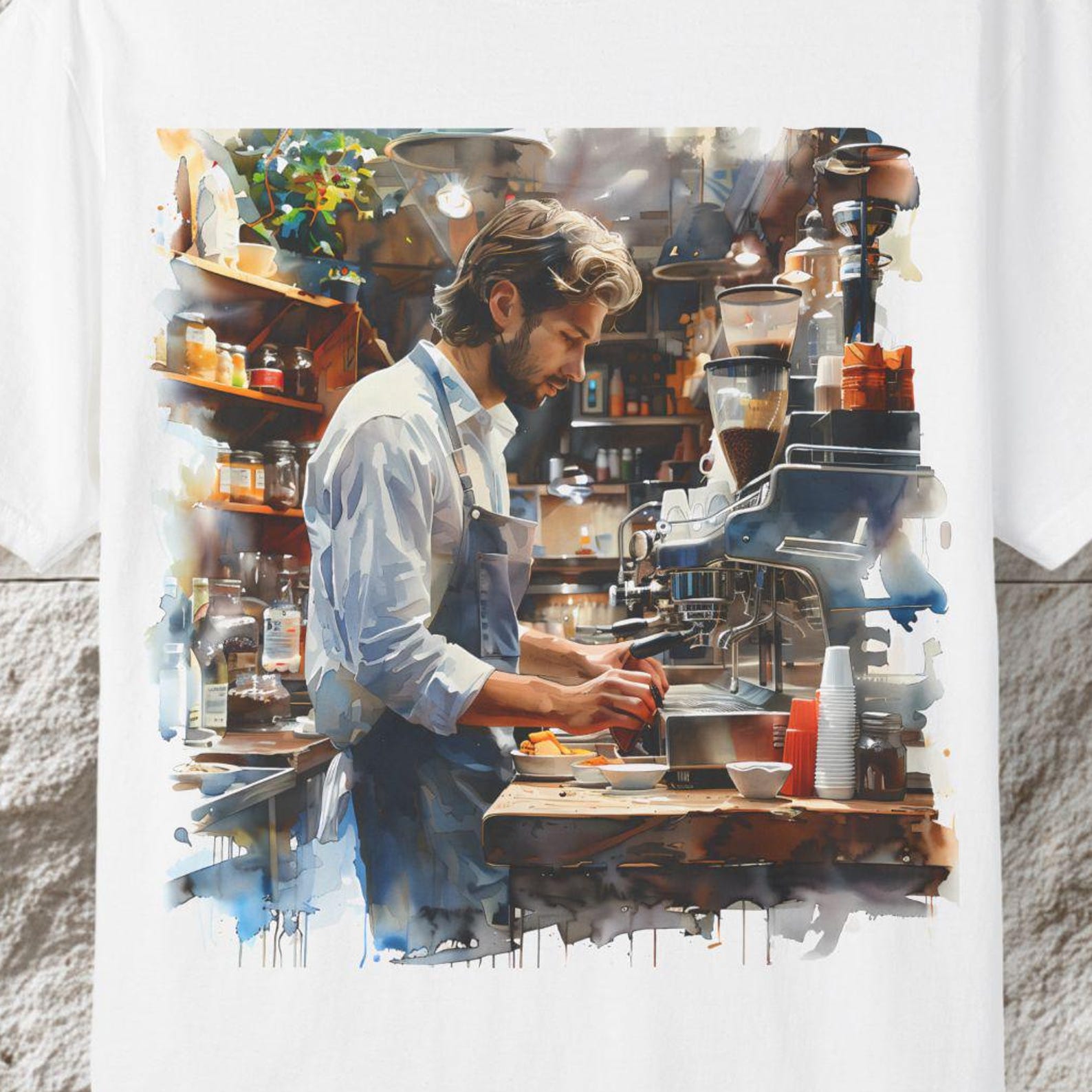 Barista Art T-Shirt, Coffee Lover Watercolor Graphic Tee L