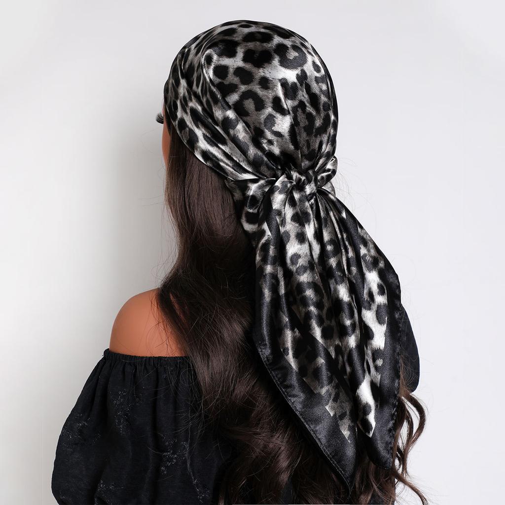 90cm Leopard Print Neckerchief Hijab Scarf For Women Silk Satin Headband Hair Scarves Female Square Shawls Ladies Head Bandana