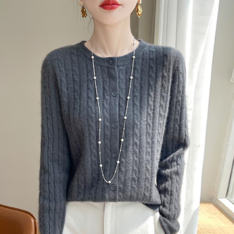 White Cable Knit Cardigan Coat - Women's Korean Slim Fit, Autumn Long Sleeve Sweater