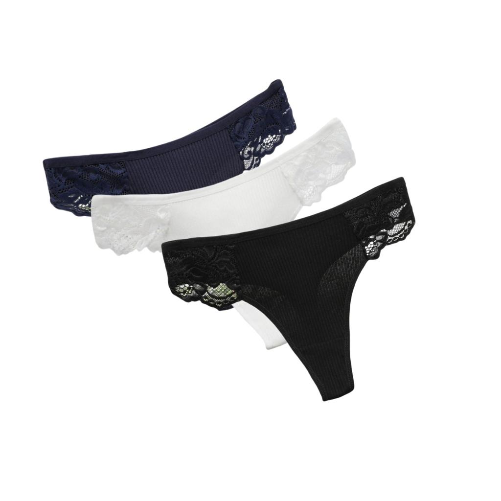 3Pcs/Set Women Cotton G-string Panties Female Underpants Breathable Underwear Solid Color Thongs Lace Trim Comfort Sexy Lingerie