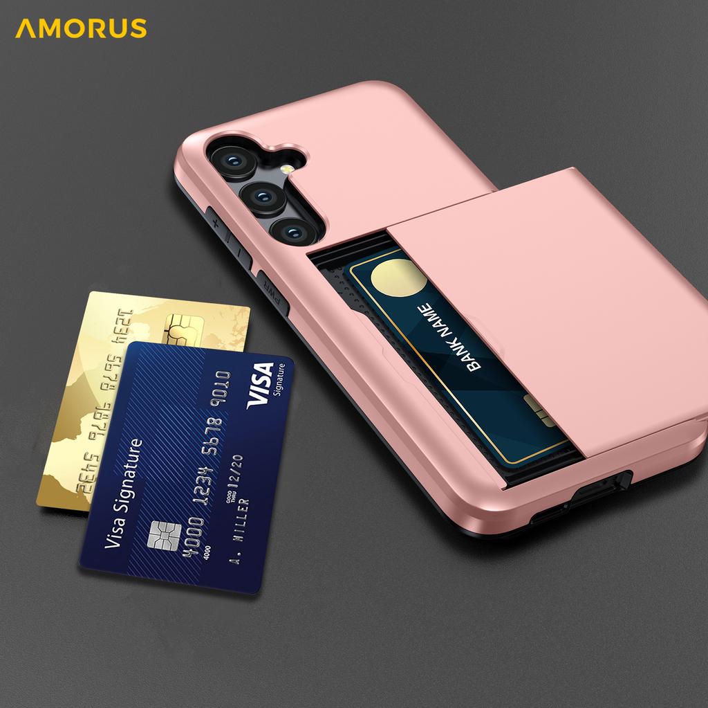 AMORUS For Samsung Galaxy S25 FE Case with Sliding Card Holder PC TPU Phone Back Cover