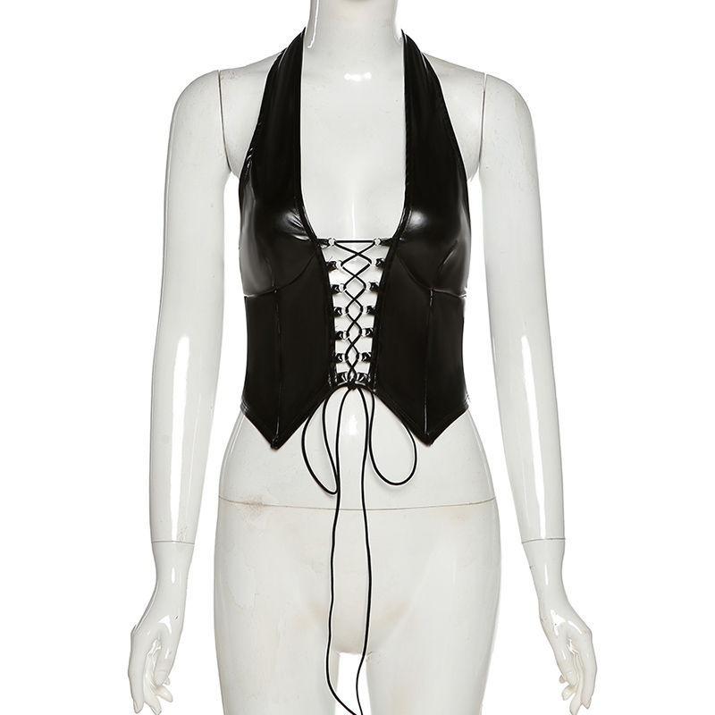 Fashion Goth Dark Grunge Pu Black Lace Up Gothic Halter Tops Punk Faux Leather Women Hollow Out Sexy Camis Fashion Streetwear Crop Tops