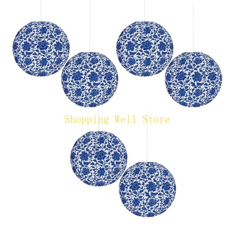

KX4B Set of 6 Chinese Blue White Porcelain Lanterns for Cultural Celebration Ornament CN