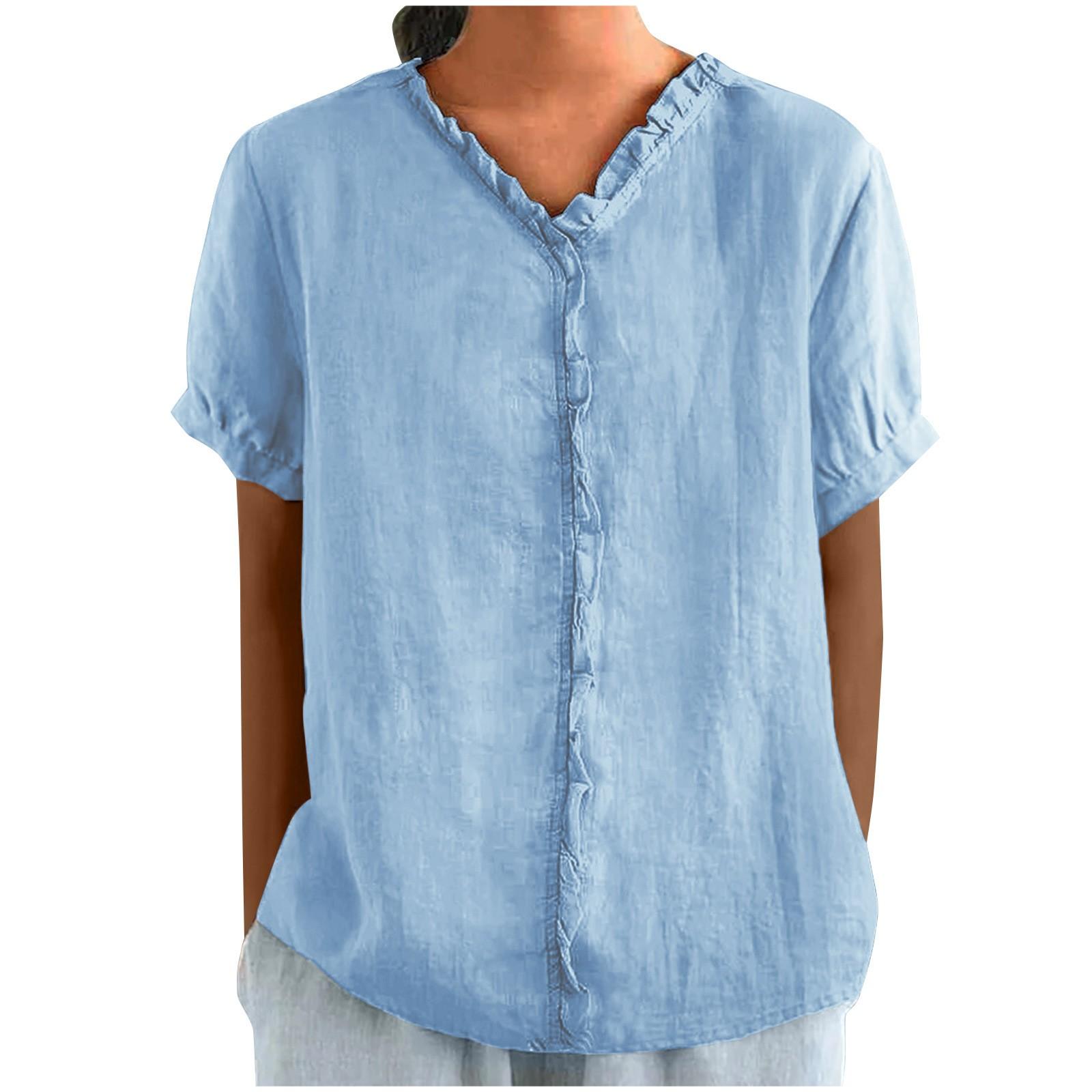 Women s Fashionable And Casual Short-sleeved -color Cotton And Linen Top XL