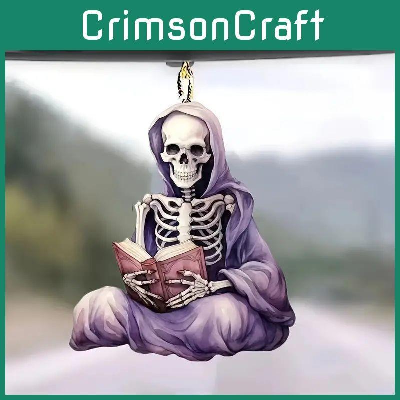 Flat Halloween Acrylic Surface Pendant With Reading Skeleton Design For Decor