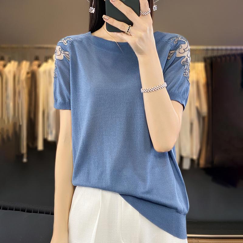 

Женская летняя футболка с коротким рукавом, 50% шелка тутового дерева и полиэстера | Легкий дышащий облегающий повседневный топ XXL синий