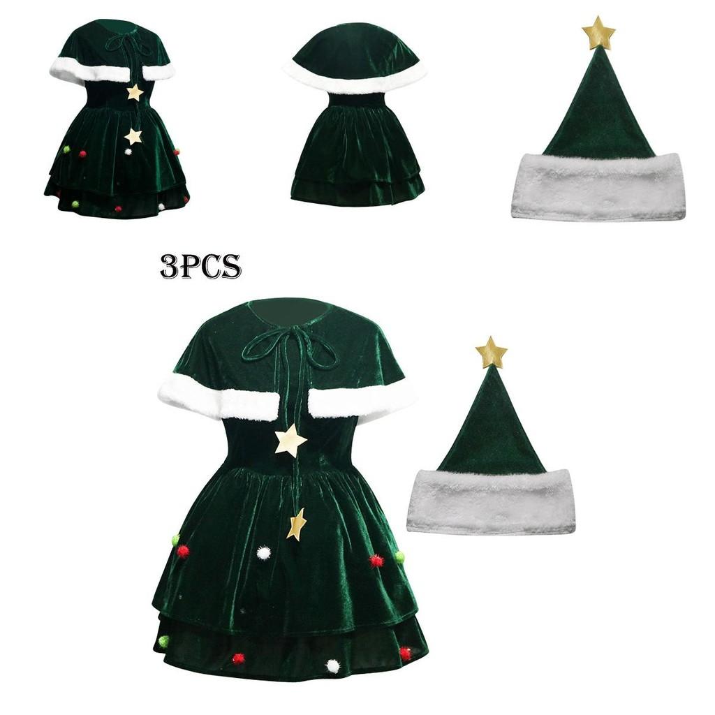 Gorgeous Women Christmas Tree Cosplay Costume Plus Size Xmas Dress Cloak Hat Party