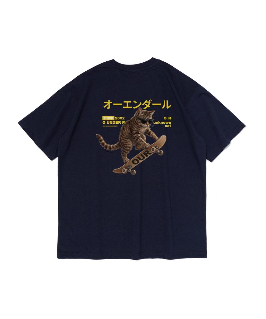 OUNDERR Skate Cat Graphic Short Sleeve T-Shirt (Navy)