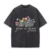 Retro Christian Faith T Shirt Grow In Grace Floral Washed Casual Short Sleeve Daily Wear Cool Top