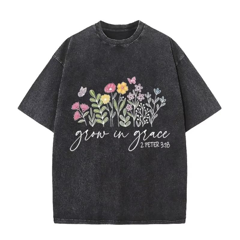 Retro Christian Faith T Shirt Grow in Grace Floral Washed Casual Short Sleeve Daily Wear Cool Top L