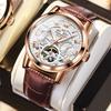 OLEVS Rose Gold Blue Perpetual Calendar Automatic Mechanical Watch Men's Luxury Leather Fashion Tourbillon Watches Reloj Hombre