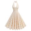 High-waisted polka-dot holiday party cocktail dress: halter neck, open back, sexy full skirt, midi-length dress for women